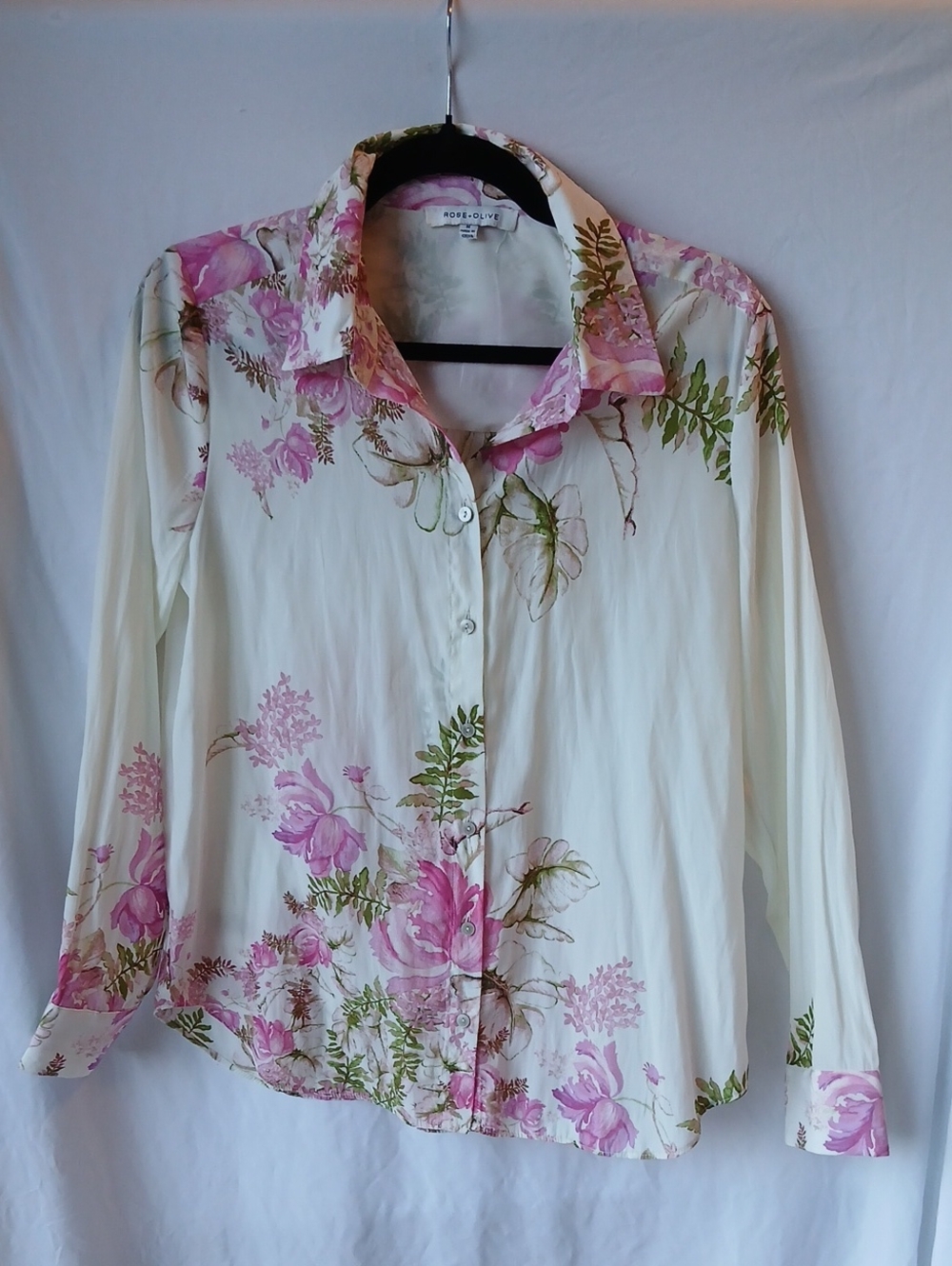 Rose & Olive Cream Button-Down Shirt with Pink Floral Print